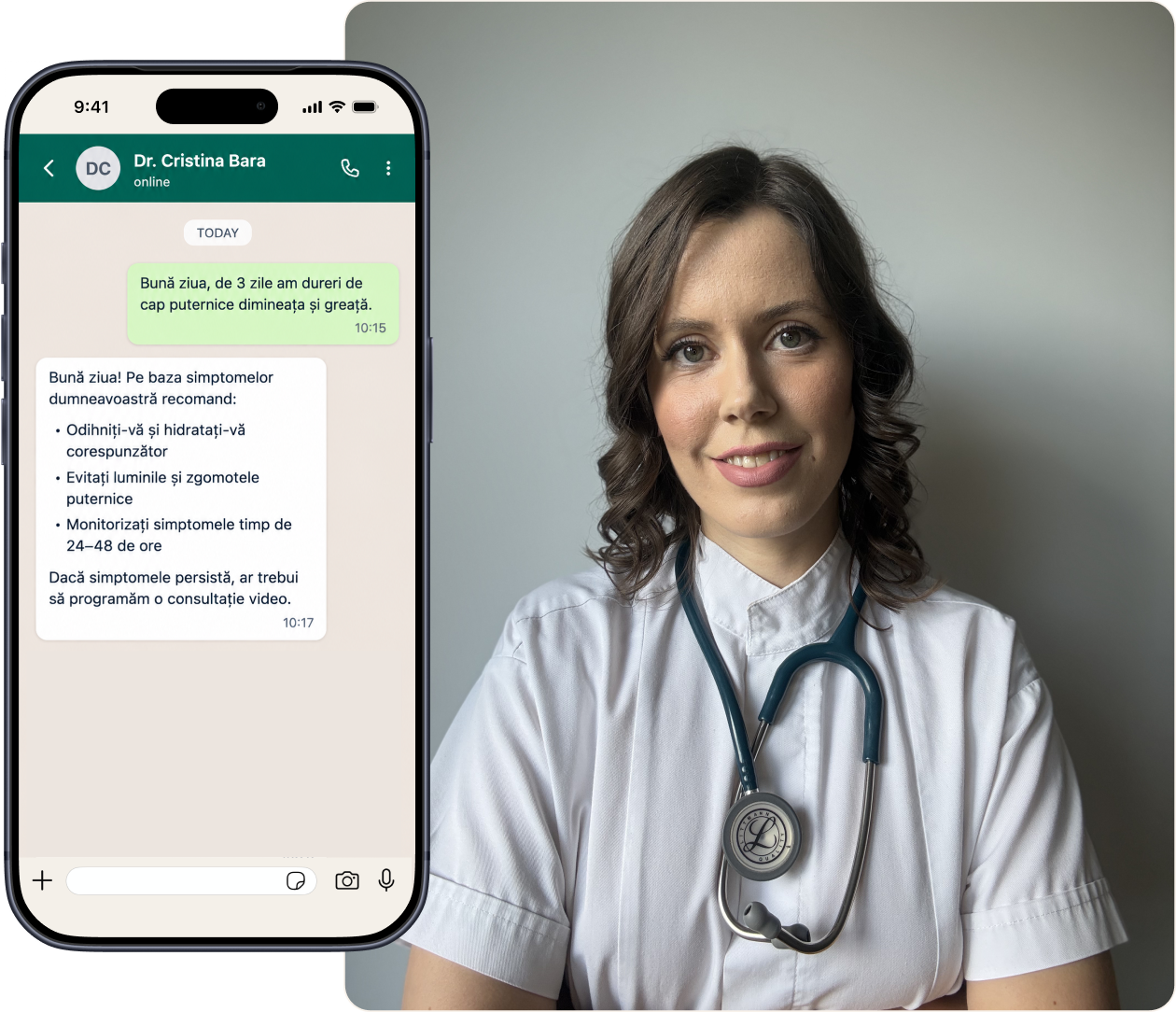 Conversație medicală pe WhatsApp și portretul Dr. Cristina Bara